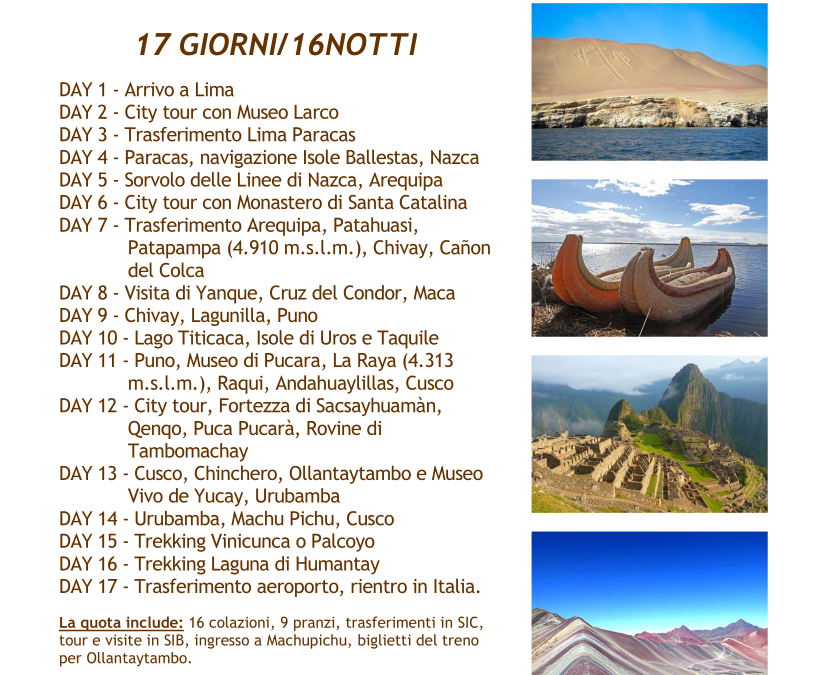 PROPOSTE SUD AMERICA – BOLIVIA PERU’ BRASILE